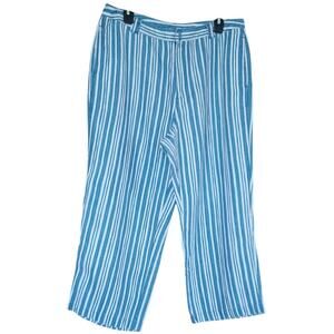 SO Blue Sigrid Olsen 100% Linen Pants Blue and White Stripe Wide Leg Women's 14